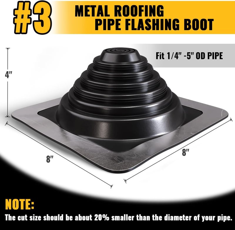 VIVIDA #3 Metal Roof Pipe Flashing, Metal Roofing Pipe Boot Kit, High Temp Silicone Vent Boot, for Tube OD 1/4" to 5", Square Base, Screws & Hex Socket Included, 1 Pack - Image 4